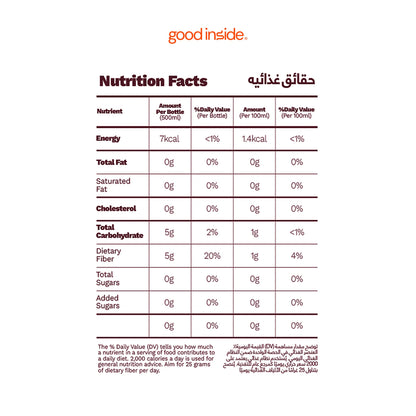 Good Inside nutrition facts — 5 g prebiotic fiber, 0 g sugar, 7 kcal per 500 ml bottle
